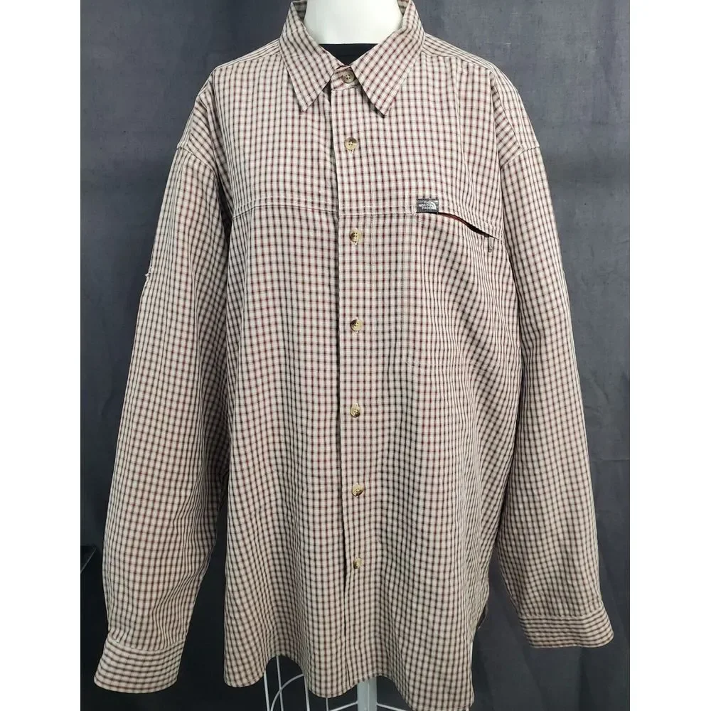 The North Face Mens XL Brown Plaid Button Up Lightweight Long Sleeve Pocket Camp